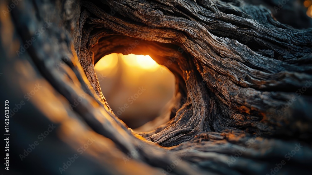 Poster mystical trees concept. a close-up view of a tree trunk with a stunning sunlight ray through the woo