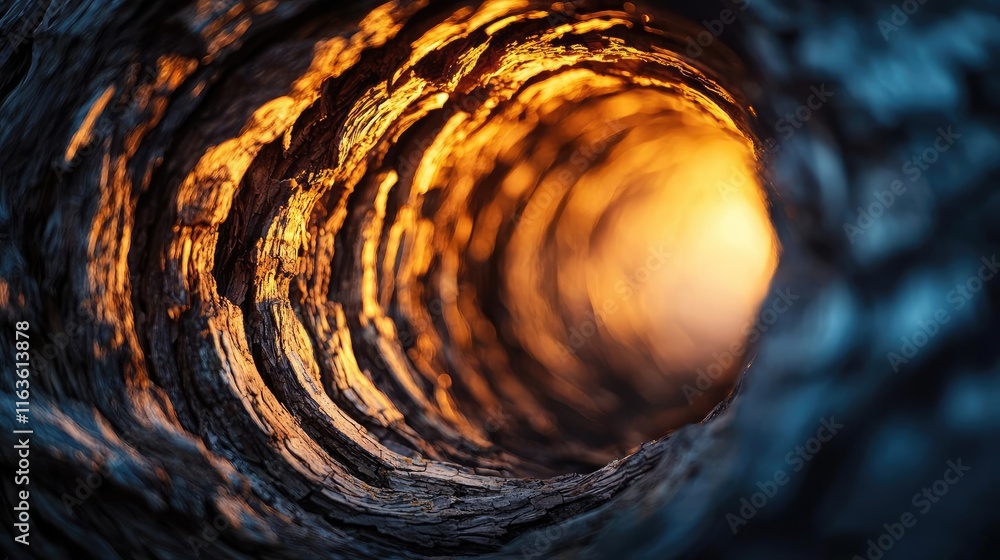 Poster mystical trees concept. close-up view of a tree trunk with warm light emanating from the hollow inte
