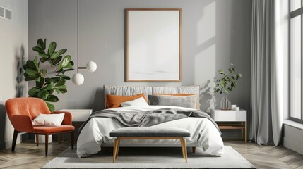 3D illustration mock-up poster frame in the bedroom