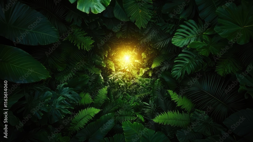 Poster mystical trees concept. a mesmerizing view of sunlight filtering through lush green leaves in a dens