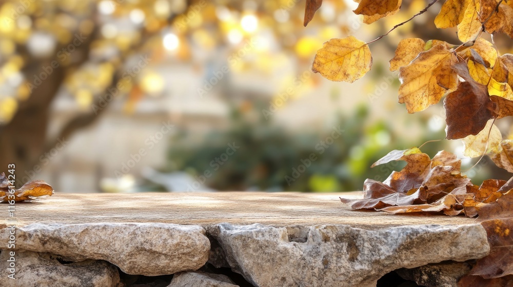 Poster stone surface with autumn leaves and blurred fall background.