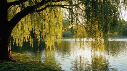 Obraz premium Serene Reflection of Weeping Willow by Calm Water