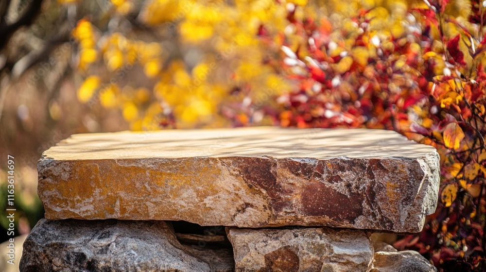 Poster rustic stone platform with autumnal backdrop.