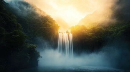 Tropical Waterfall Oasis, secluded cascade nestled among lush cliffs, vibrant rainbow mist envelops the serene paradise