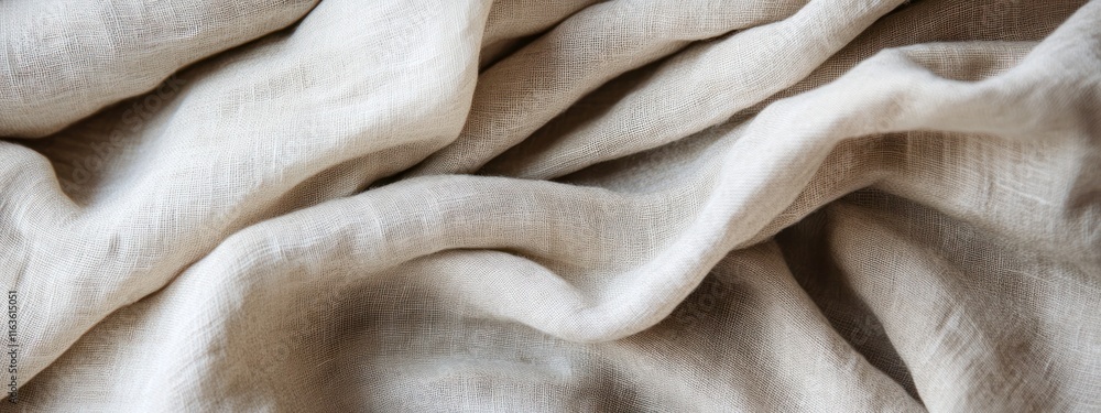 Poster close-up of beige linen fabric with soft folds and wrinkles, showcasing texture and drape.