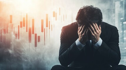 Investor anxiety, overwhelmed by financial downturns, charts showing steep declines, hands on head, reflecting despair and uncertainty