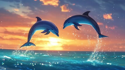 Fototapeta premium Two dolphins leap joyfully from ocean waves against a vibrant sunset backdrop suitable for advertising or holiday visuals.