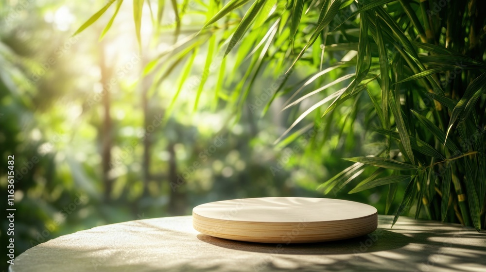 Poster wooden display platform on a table with bamboo leaves and sunlight background.