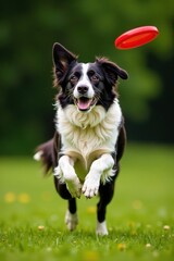 Fototapeta premium Agile Border Collie catches flying disc mid-air, animal, play