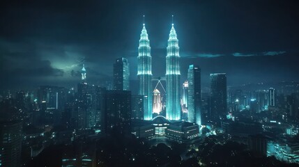 Fototapeta premium Night cityscape with illuminated twin towers.