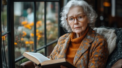 Thoughtful elderly woman reading by the window in cozy autumn setting