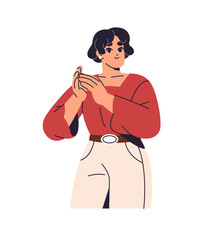 Happy employee shows support, gratitude, congratulates with win by applause. Joyful worker rejoices, clapping hands. Girl applauding, celebrates success. Flat isolated vector illustration on white