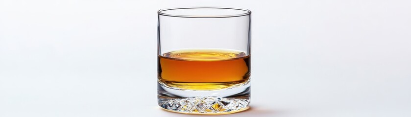 A clear glass with a whiskey drink, showcasing a rich amber hue, set against a minimalist background.