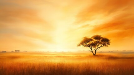 Obraz premium Golden Savannah at Sunset, vast golden grassland, iconic acacia trees, warm hues of sunset illuminating the horizon, serene and expansive landscape
