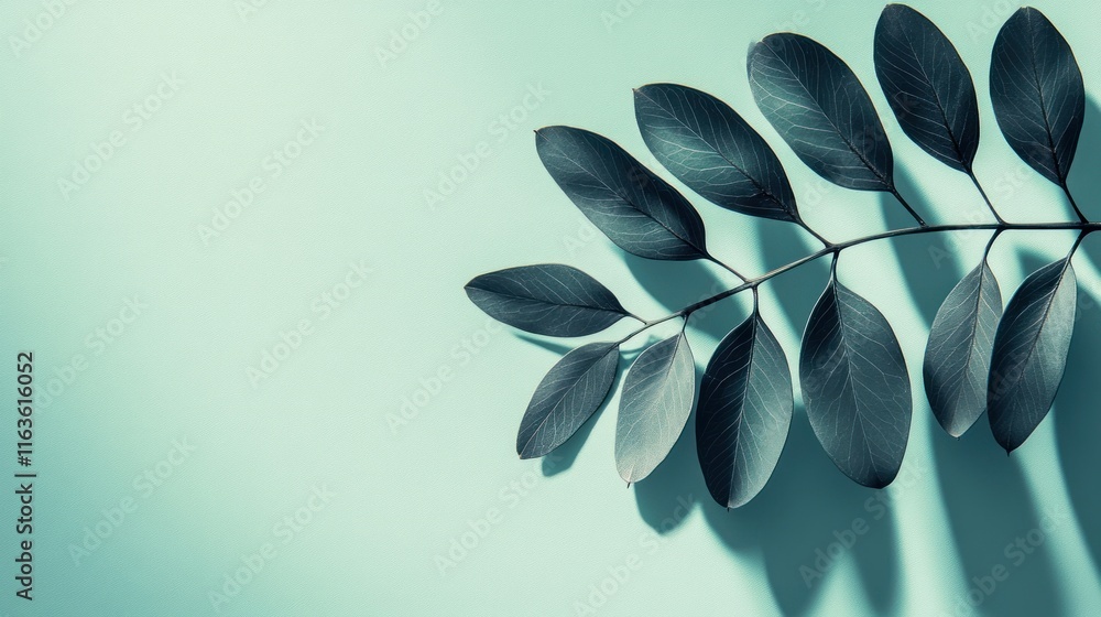 Poster dark green leaves branch on a teal background with shadows.