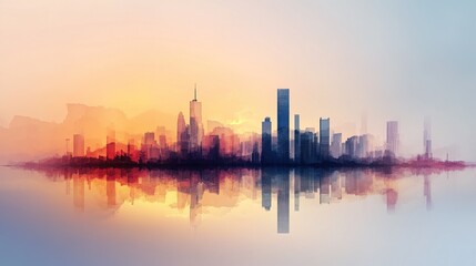 Fototapeta premium Urban Sunset Serenity, vibrant skyline silhouettes mirrored in sleek glass facades, warm hues embracing the cityscape at dusk