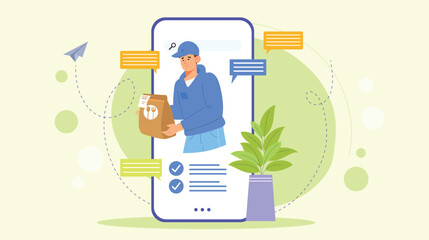 A dynamic illustration of food delivery services, featuring mobile order tracking, fast service, and a seamless user experience for food apps and delivery platforms.