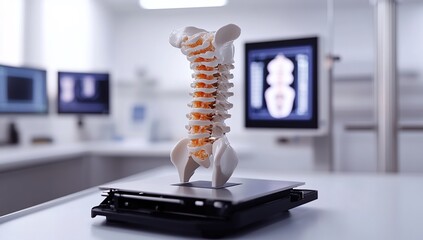 Fototapeta premium 3D Printed Spinal Model: Anatomy Visualization on Scanner, Precisely Showcasing Vertebrae and Intervertebral Discs for Medical Professionals.