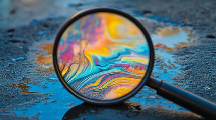 Abstract colorful swirling design magnified through a magnifying glass on a wet surface.