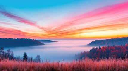 Scenery sightseeing concept. A stunning sunrise over a misty valley surrounded by colorful trees and vibrant skies.