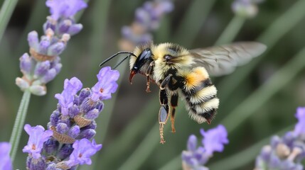 Bumblebee in Flight Near Lavender Blossoms