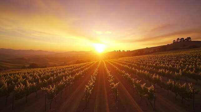 Vibrant Vineyard at Sunset, lush rows of grapevines on gently rolling hills, bathed in warm hues of a stunning sunset sky