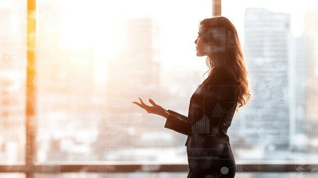 Professional woman leading a dynamic hybrid team meeting, engaging discussion, collaborative workspace with digital tools and whiteboard insights