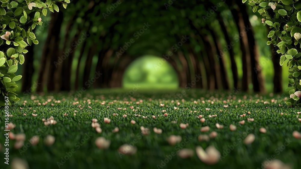 Poster mystical serene idea. a serene path lined with lush greenery and fallen petals, inviting tranquility