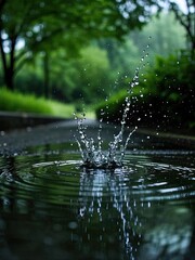 Fototapeta premium Macro photography, time-lapse photography, dark green background, puddle of water on the road, there are green trees reflection, water droplets splash up splash, ripples, small fresh filter,
