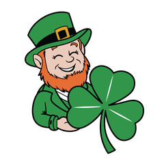 Cheerful Leprechaun Holding a Shamrock Illustration
