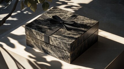 Fototapeta premium Elegant black marble gift box with black ribbon.