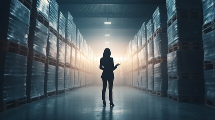 Small businesswoman collaborating with staff in inventory warehouse, utilizing technology for efficient stock management and operations