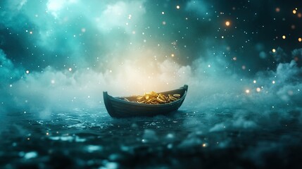 Futuristic space pirates aboard a sleek ship, navigating a weightless realm in search of hidden treasures among the stars