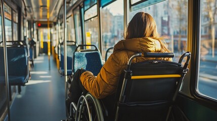 A young woman in a wheelchair travels on a city bus, showcasing accessibility and independence.