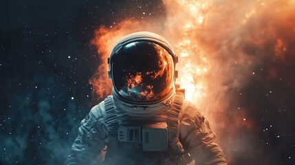 Fototapeta premium Galactic Reflection in Spacesuit Helmet, stunning cosmic view captured in reflective surface, vibrant colors, deep space exploration theme