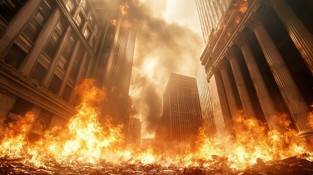 Market Collapse, chaotic trading floor, flames engulfing ticker boards, panic among investors, financial turmoil unfolds