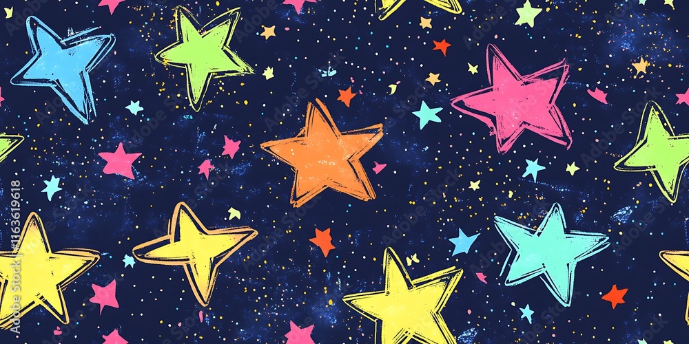 Poster colorful stars create a whimsical seamless repeat pattern on a dark background