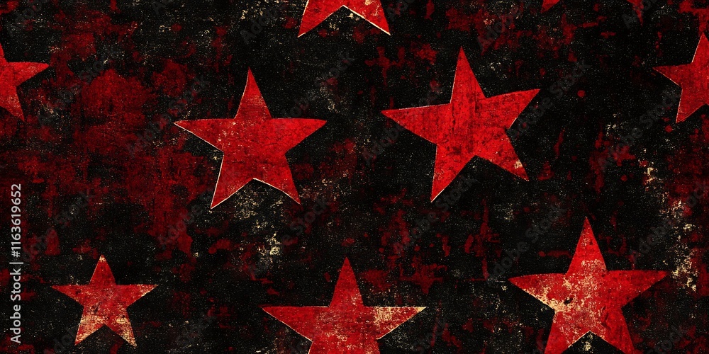 Poster seamless repeat pattern featuring distressed red stars on a dark textured background