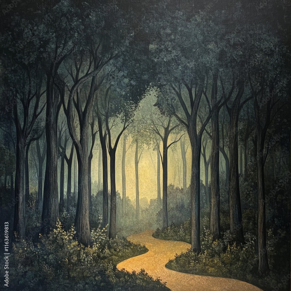 Aufkleber serene path winding through a mystical, dimly lit forest with tall trees and soft light at the end.