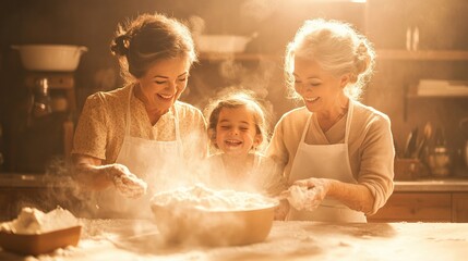 Generational Joy in the Kitchen, three women bonding over baking, flour-dusted hands, laughter fills the vintage space, warmth of family tradition