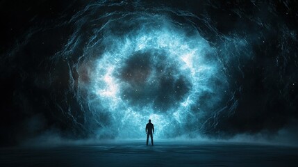 Futuristic Time Travel Portal, vibrant energy patterns, cosmic starry sky, imaginative design, endless possibilities, adventure awaits