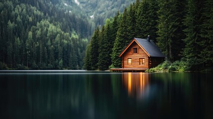 Fototapeta premium Getaway vacation idea. A tranquil wooden cabin beside a serene lake, surrounded by lush green forests in nature.