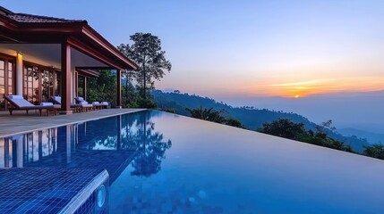 Fototapeta premium Getaway vacation idea. Luxurious villa with stunning sunset view and infinity pool in serene mountains.