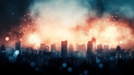 Obraz premium Urban skyline illuminated by vibrant fireworks, a celebration of culture and community spirit, night filled with color and excitement
