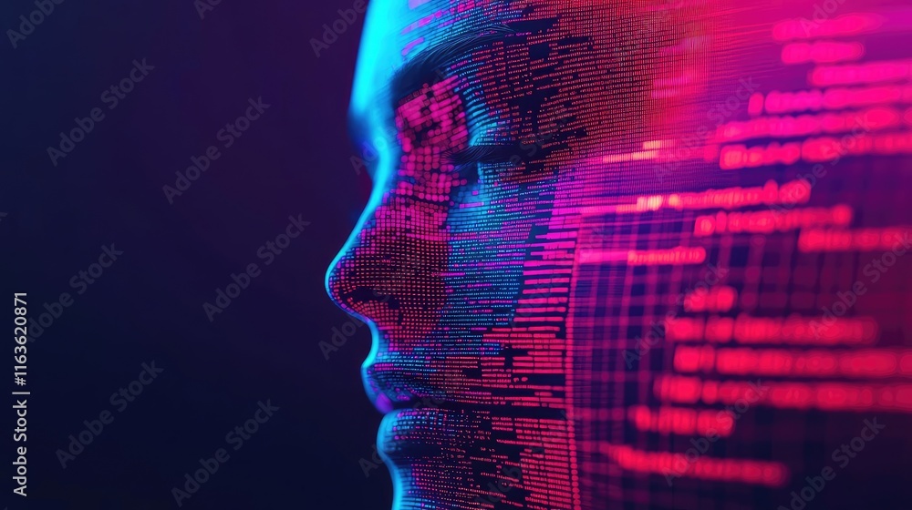 Poster crash market concept. abstract digital art of a face illuminated with vibrant colors and data patter