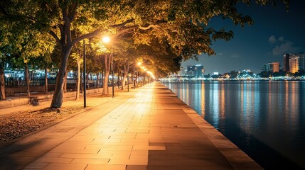 Lively riverside walkway, infused with cultural vibrancy, bustling nightlife, inviting atmosphere, scenic views, urban charm