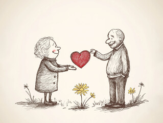 Black ink sketch doodle of everlasting love of an old couple with red heart and yellow daisy