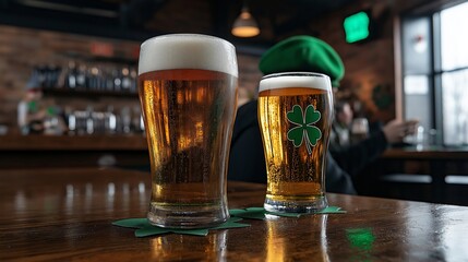 Two glasses of beer celebrating St. Patrick's Day in a pub