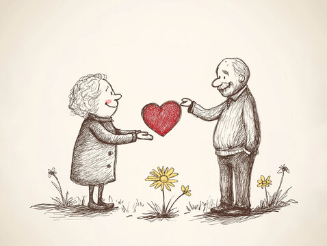 Black ink sketch doodle of everlasting love of an old couple with red heart and yellow daisy