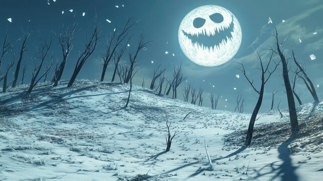 A horrifying animated frosty scene featuring a desolate snowy hill with leafless trees frozen in frost. The moon, with a glowing, sinister smile, looms overhead.